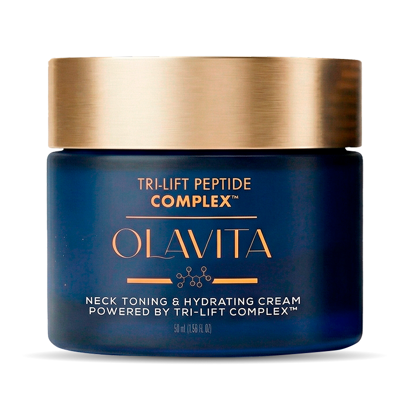 Olavita Tri-Lift Peptide Complex jar in deep blue glass with a gold lid, labeled Neck Toning and Hydrating Cream, 50 ml