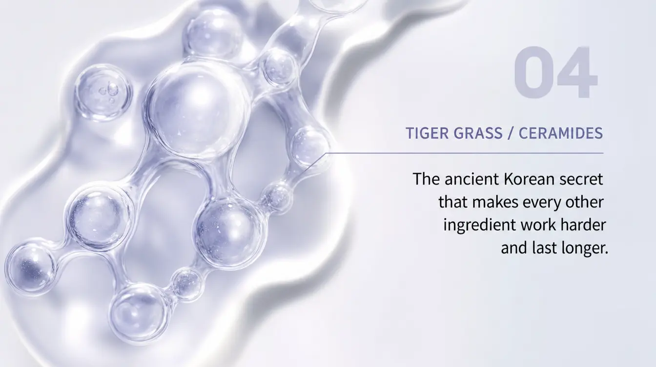 Illustration of hydrating droplets representing tiger grass extract and ceramides, labeled ingredient 04
