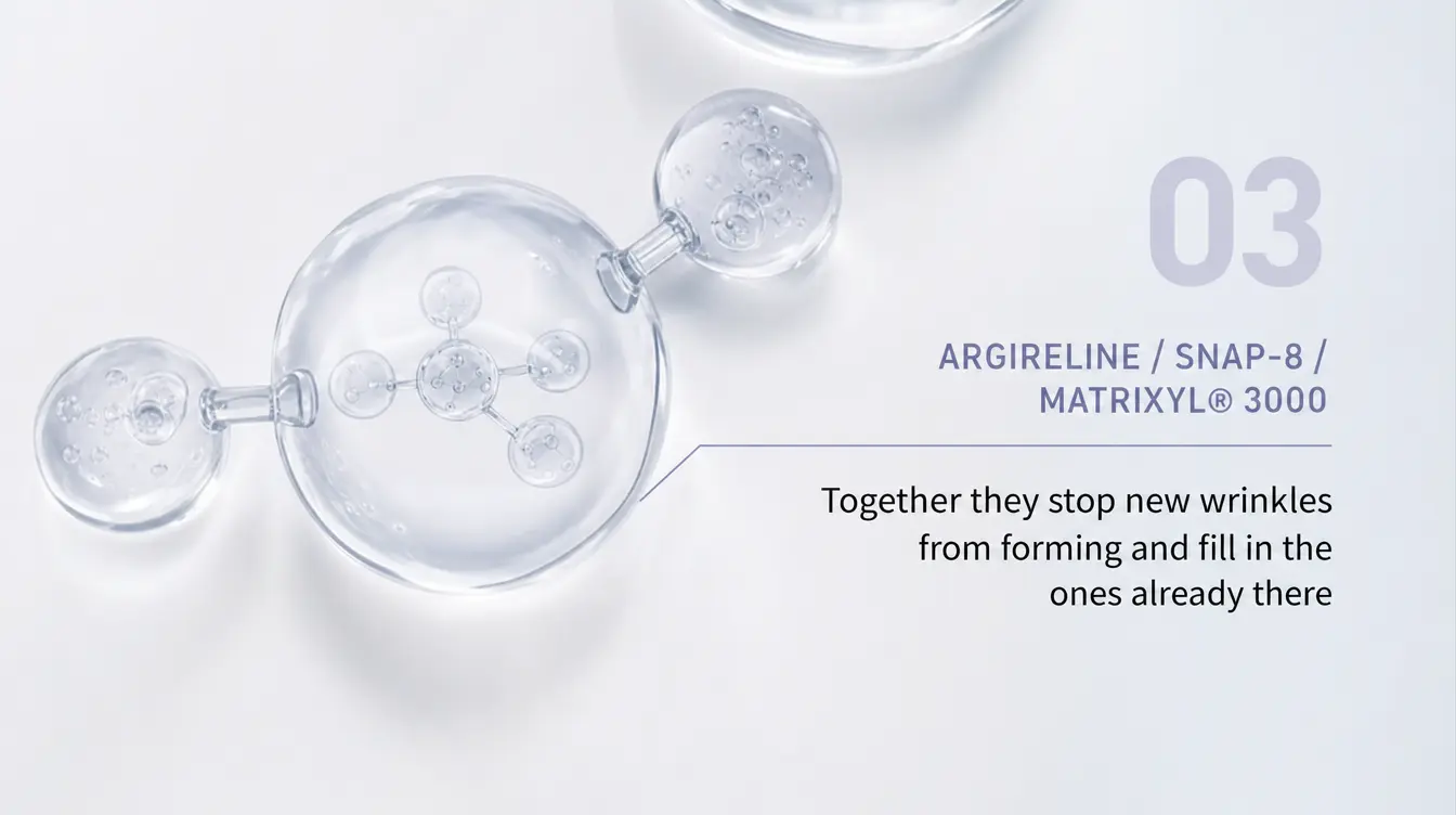 Illustration of connected molecular spheres representing the Argireline, SNAP-8, and Matrixyl 3000 peptide trio, labeled ingredient 03