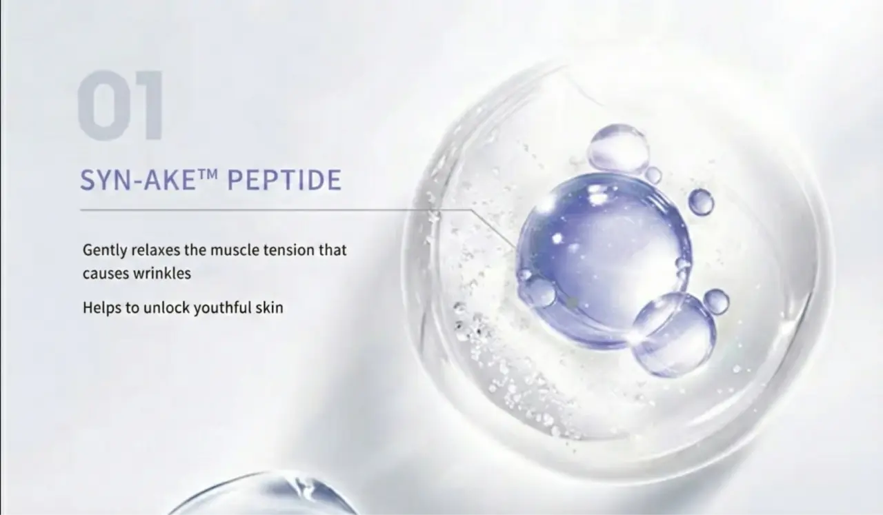 Illustration of Syn-Ake peptide molecules suspended in a clear droplet, labeled ingredient 01