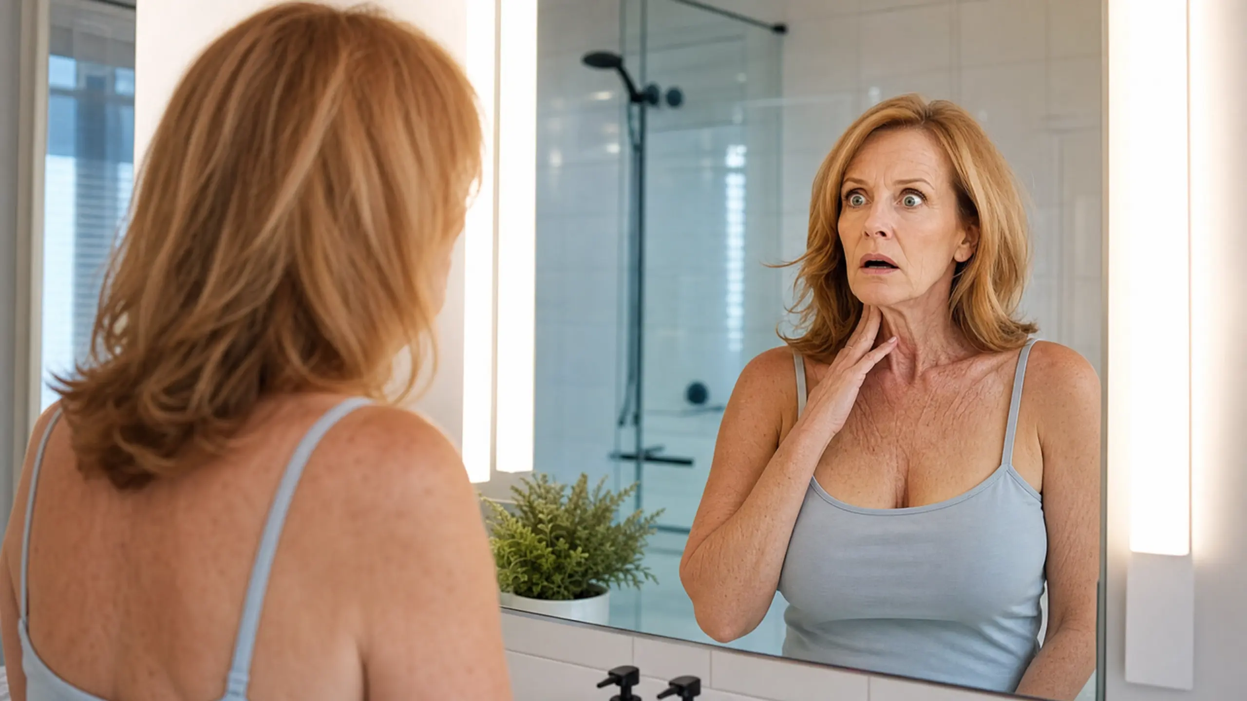 A woman examining the skin on her neck and décolletage in her bathroom mirror